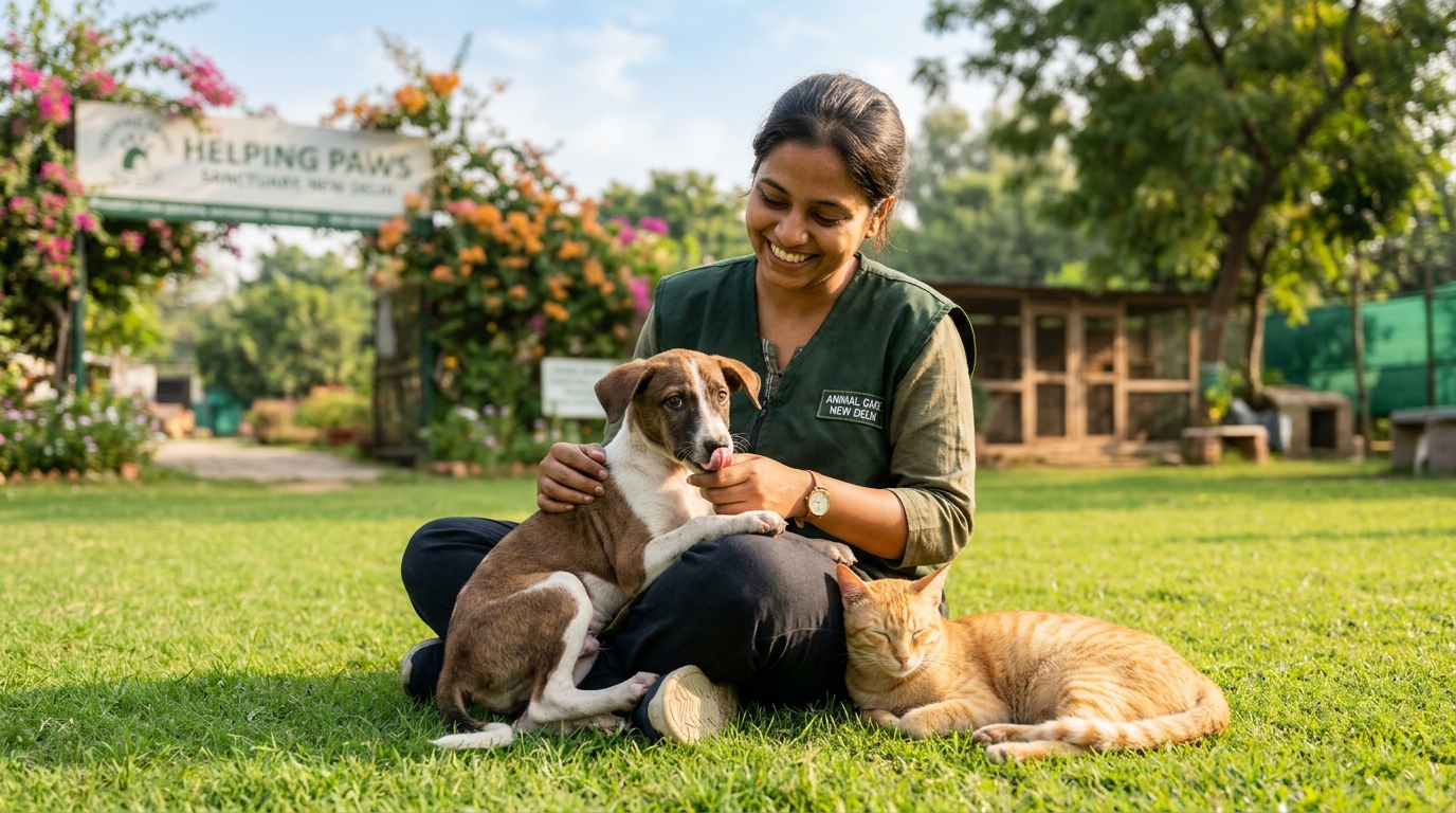 Indian animal welfare volunteer with a rescued Indie dog and cat in a sunny Rohini sanctuary garden, New Delhi