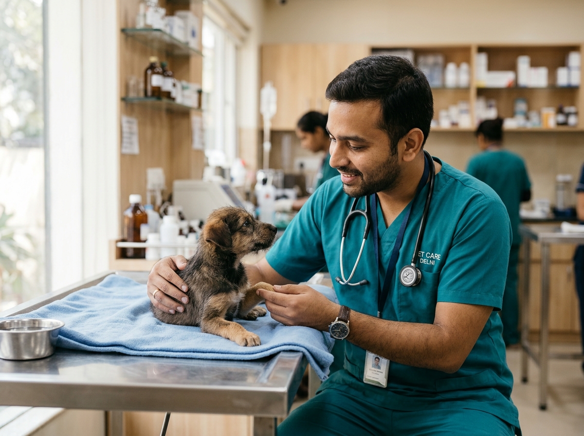 Compassionate Indian veterinarian treating a rescued puppy in Rohini veterinary clinic